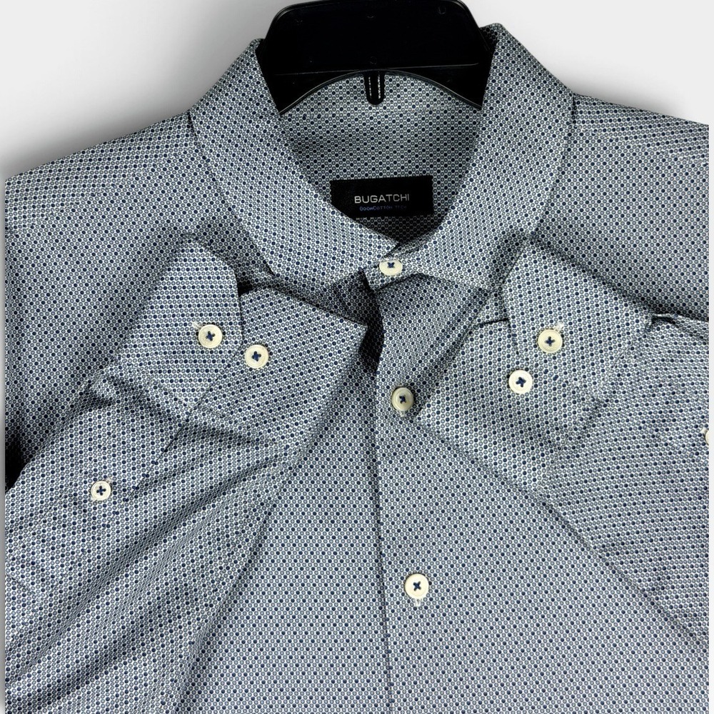 Bugatchi Button Down OoohCotton Tech Mens Large Slate Blue Geometric Excellent